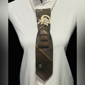 Elegant Blue/Orange Striped Brown Necktie with Gold Flower Brooch